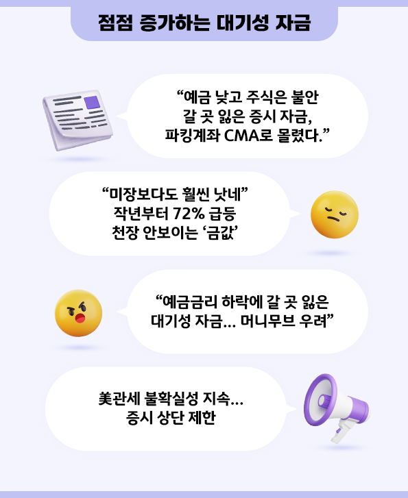 점점 증가하고 있는 '대기성 자금'을 보여주는 자료들.