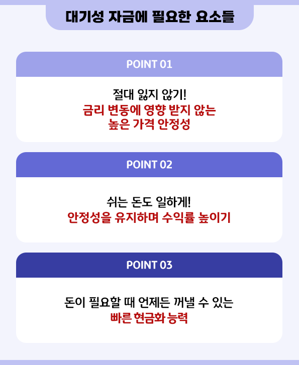 '대기성 자금'에 필요한 요소들 3개를 정리한 자료.