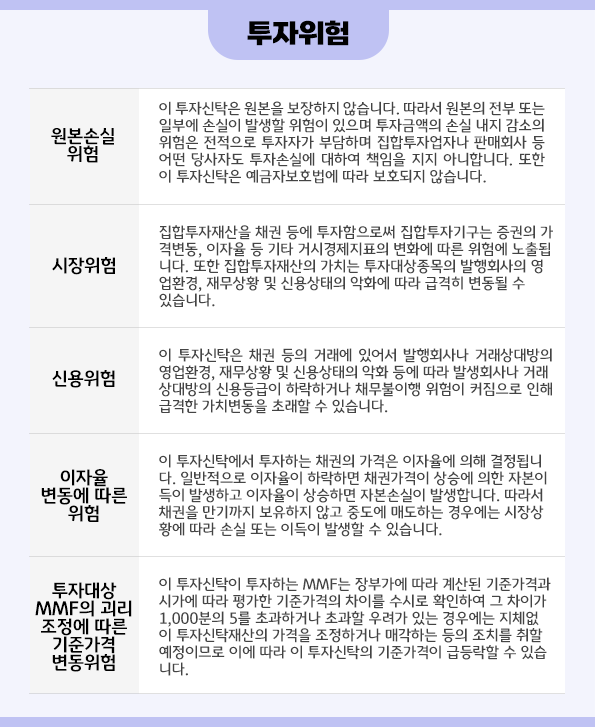 'kb 머니마켓액티브 펀드'의 투자 위험요소를 정리한 자료.