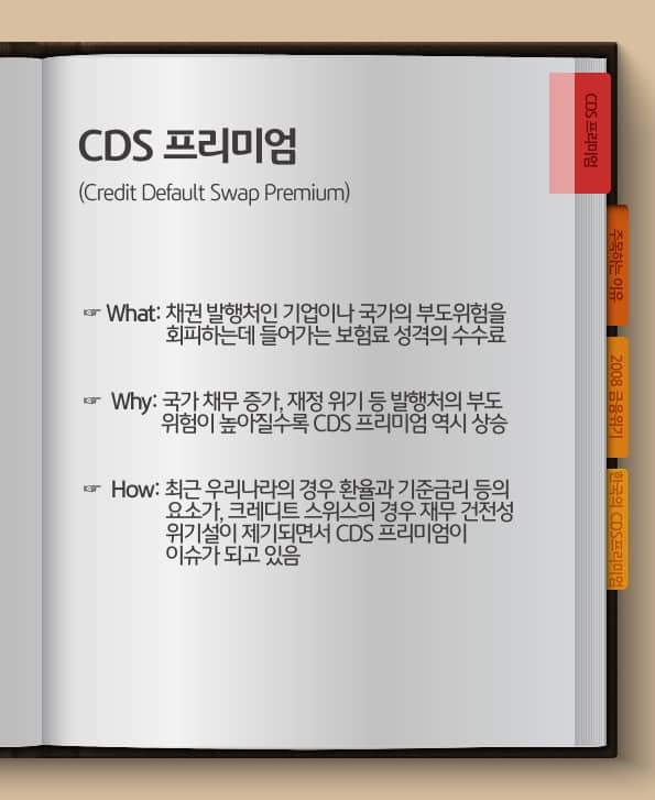 cds프리미엄이란 채권 발행처인 기업이나 국가의 부도 위험을 회피하는데 들어가는 보험료 성격의 수수료.