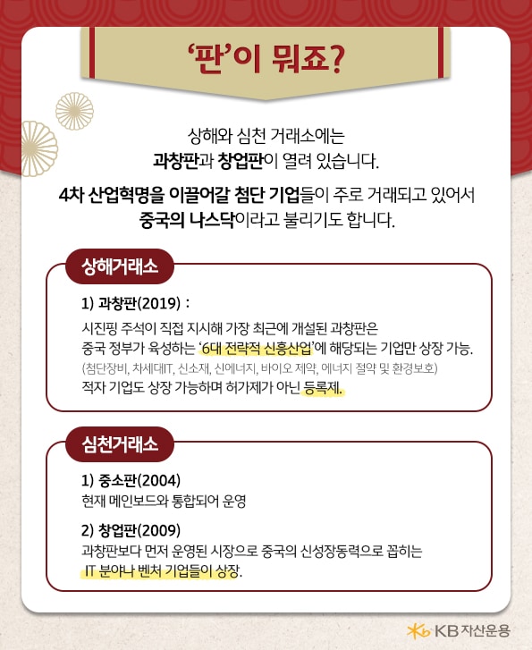 판이란? 상해와 심천거래소에는 과창판과 창업판. 4차 산업혁명을 이끌어갈 첨단 기업들이 주로 거래되고 있는 중국의 나스닥.