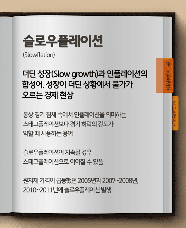 슬로우플레이션이란? 더딘 성장과 인플레이션의 합성어. 성장이 더딘 상황에서 물가가 오르는 경제 현상. 
