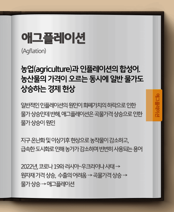 에그플레이션이란? 농업과 인플레이션의 합성어. 농산물의 가격이 오르는 동시에 일반 물가도 상승하는 경제 현상. 