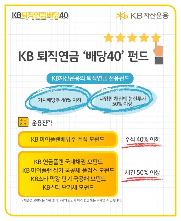 kb퇴직연금 배당40 펀드는 가치배당주에 40프로 이하, 이외 채권에 50프로 이상 분산 투자합니다. 