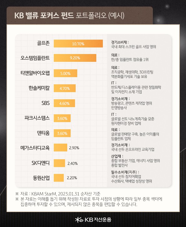 kb 밸류포커스 펀드 포트폴리오 종목 예시. 골프존 높은 비중.