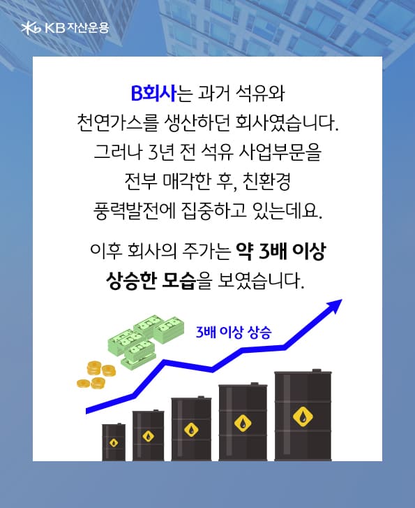 석유 사업 부문 전부 매각 후 주가가 상승한 회사.